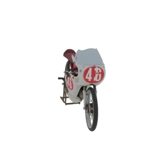 3D модель белого гоночного мотоцикла Benelli 1961 года с красным сиденьем и светло-голубым ветровым стеклом, с номером '46'.
