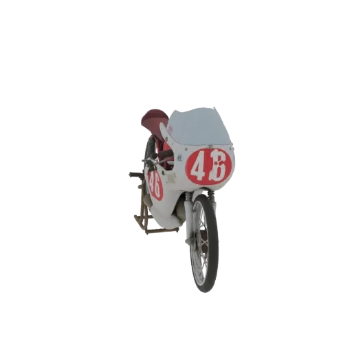 3D модель белого гоночного мотоцикла Benelli 1961 года с красным сиденьем и светло-голубым ветровым стеклом, с номером '46'.