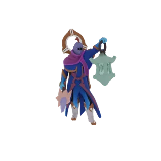 3D model of a fantasy character, a mystic lantern bearer, wearing a blue robe and holding a glowing lantern.