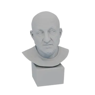 Рендер 3D модели серого бюста лысого мужчины с бородой, стоящего на квадратном основании, на белом фоне.