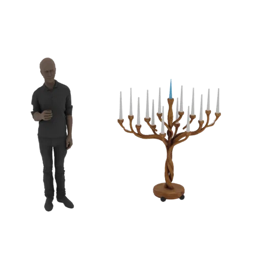 3D модель деревянной хануки с извилистыми ветвями и одиннадцатью подсвечниками, один из которых держит синюю свечу.