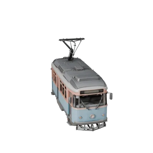 3D модель трамвая, вид в три четверти в студии, готовый для Blender актив с рельсовым профилем, расстоянием между тележками и