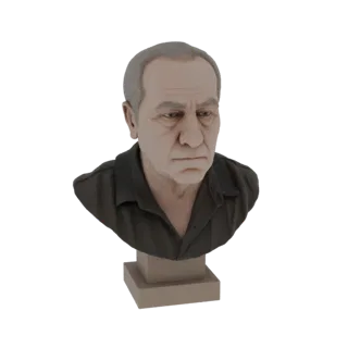 Рендер 3D модели реалистичного бюста пожилого мужчины с седыми волосами и задумчивым выражением лица, одетого в темную рубашк
