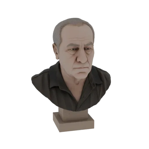 Рендер 3D модели реалистичного бюста пожилого мужчины с седыми волосами и задумчивым выражением лица, одетого в темную рубашк