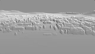 3D модель рельефного городского пейзажа с домами, деревьями и холмами на заднем плане, выполненная в стиле барельефа.