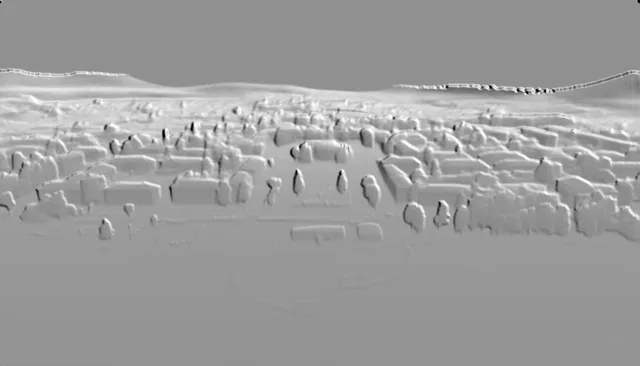 3D модель рельефного городского пейзажа с домами, деревьями и холмами на заднем плане, выполненная в стиле барельефа.