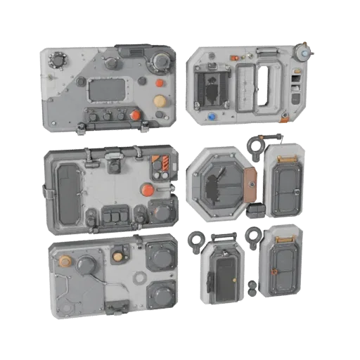 Низкополигональная 3D-модель нажимной плиты в стиле Sci-Fi, вид в игровом окне с трех четвертей, показывающий металлические п