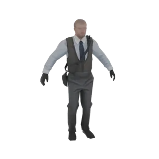 3D модель мужчины в светло-голубой рубашке, темно-сером жилете и темном галстуке, с короткими каштановыми волосами.