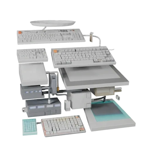 Стилизованная 3D-модель клавиатуры Startup, стилизованный изометрический рендер, показывающий пластик, силуэты настольного ма