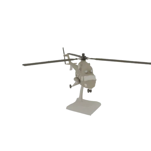 3D-рендер мультяшного боевого вертолета с бежевым корпусом, темными роторами и серой подставкой на белом фоне.