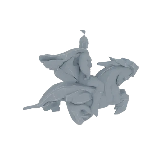 Рендер 3D модели серой, стилизованной скульптуры воина в доспехах и плаще верхом на лошади.