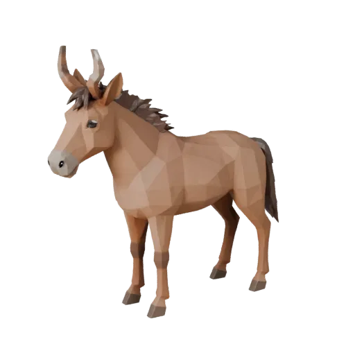 Низкополигональная 3D-модель мула, вид сбоку в игровом ракурсе, низкополигональная модель животного с изгибом шеи, краями коп