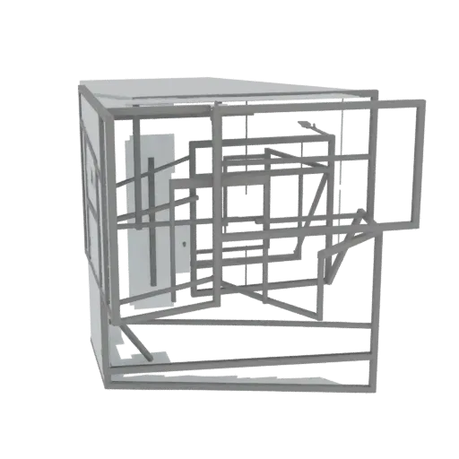 3D модель абстрактной стеклянной инсталляции с множеством прозрачных панелей в черной металлической раме, расположенных в гео