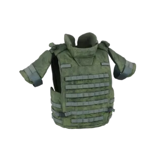 3D модель зеленого тактического бронежилета с системой MOLLE и мягкими плечами, на белом фоне.