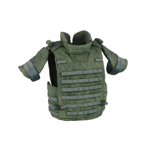 3D модель зеленого тактического бронежилета с системой MOLLE и мягкими плечами, на белом фоне.