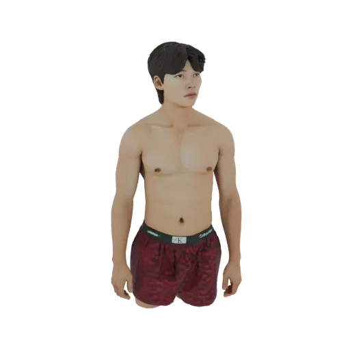3D модель молодого человека с темными волосами, стоящего и одетого в красные боксеры с узором, смотрящего в сторону.