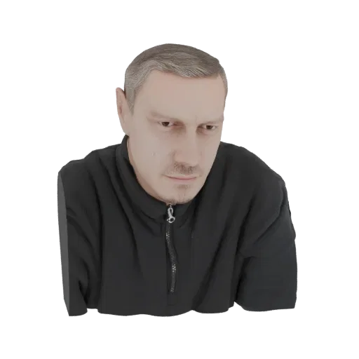 3D модель мужчины с короткими седеющими волосами в черной куртке на молнии, задумчиво смотрящего вниз.
