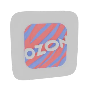 3D-рендер логотипа Ozon в виде скругленной квадратной иконки с красно-синими диагональными полосами и рельефным белым текстом