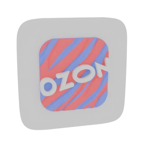 3D-рендер логотипа Ozon в виде скругленной квадратной иконки с красно-синими диагональными полосами и рельефным белым текстом