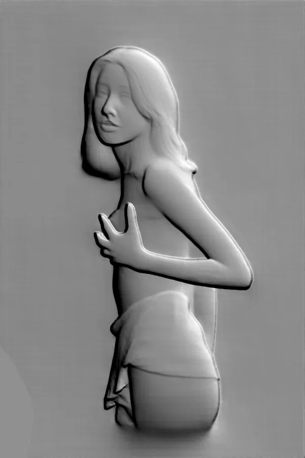 3D модель барельефа девушки в профиль, прикрывающей грудь рукой, с мягкими тенями и детальной проработкой волос.