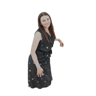 3D модель женщины с длинными каштановыми волосами в черном цветочном платье, опирающейся в сторону с легкой улыбкой.
