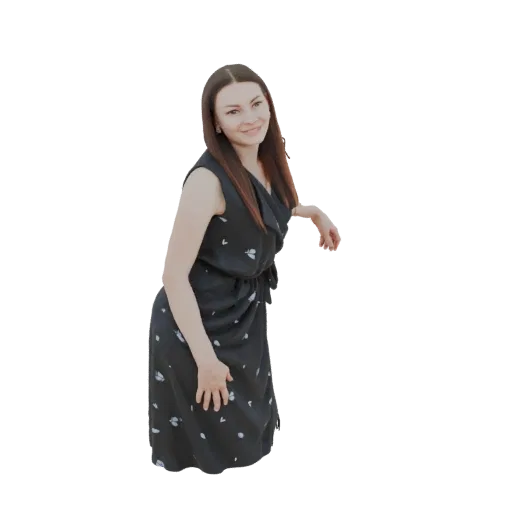 3D модель женщины с длинными каштановыми волосами в черном цветочном платье, опирающейся в сторону с легкой улыбкой.