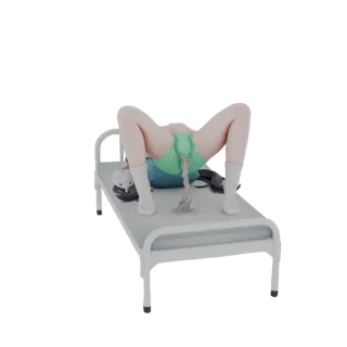 3D модель фигуры, лежащей на больничной койке с разлитой жидкостью, вид под небольшим углом сверху.