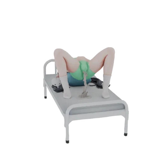 3D модель фигуры, лежащей на больничной койке с разлитой жидкостью, вид под небольшим углом сверху.
