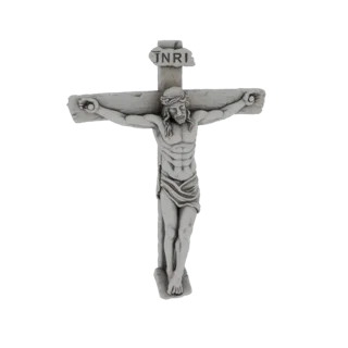 3D модель статуи распятия Иисуса Христа с каменной текстурой на белом фоне.
