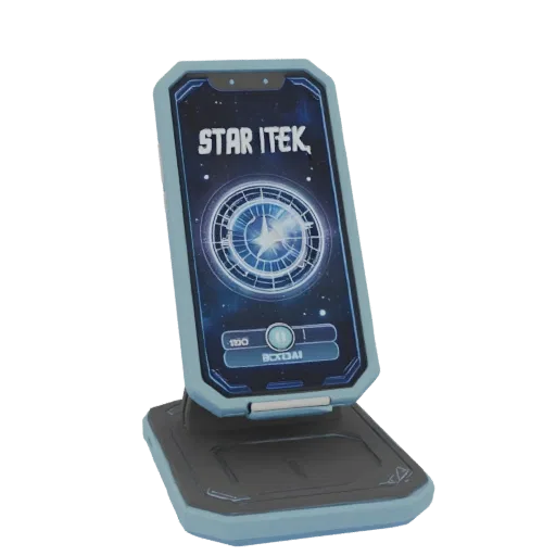 3D модель подставки для телефона в стиле Star Trek с экраном, отображающим звездную карту и интерфейс.