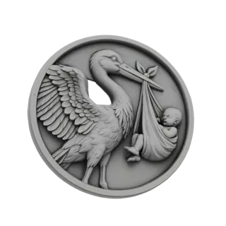 3D model of a bas-relief coin showing a stork carrying a baby in a cloth bundle.
