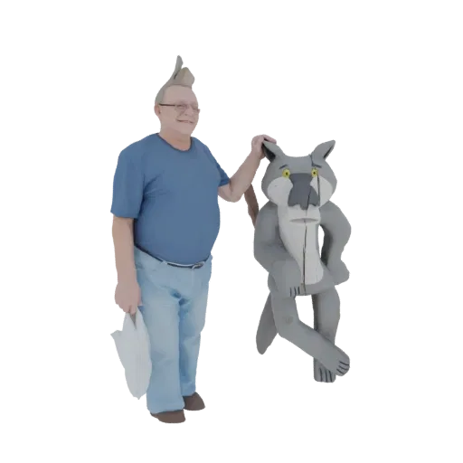 Рендер 3D модели мужчины с колючей прической и очками рядом с серым мультяшным волком с большими глазами.