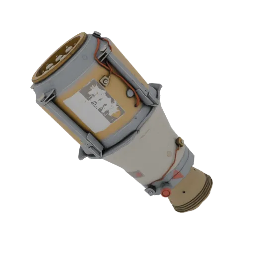 3D-модель изношенного двигателя космической капсулы с открытой проводкой и соплом.