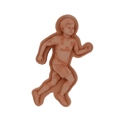 3D модель мальчика, бегущего в футбольной форме, в динамичной позе.
