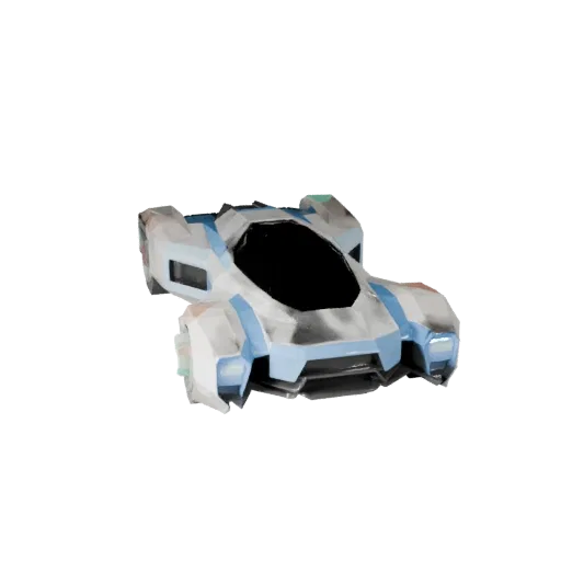 Низкополигональная 3D-модель летающего автомобиля, вид из игрового окна в три четверти, низкополигональный актив транспортног