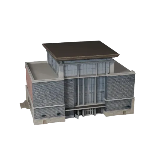 Общедоступный павильон 3D модель, готовая к Unity, окно просмотра движка Unity, показывающее материалы общественных зданий и
