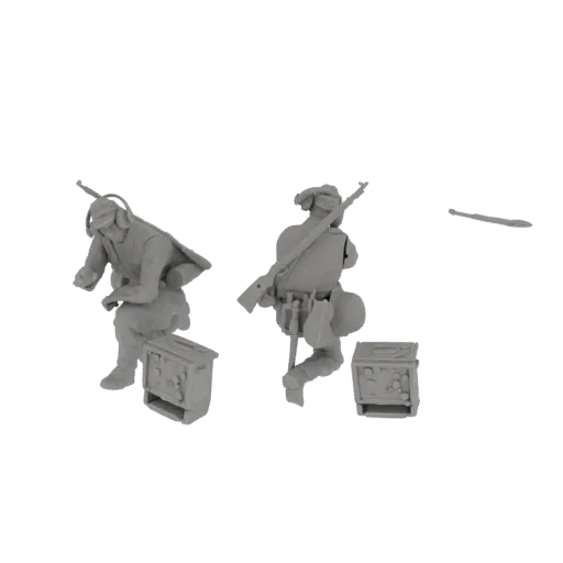 3D модель двух советских солдат ВОВ: коленопреклоненный радиооператор и стоящий солдат с винтовкой и ящиком патронов.