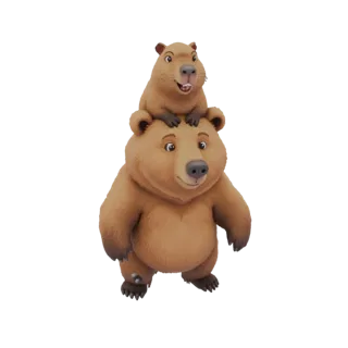 3D модель бурого медведя с улыбающейся капибарой на голове на белом фоне.