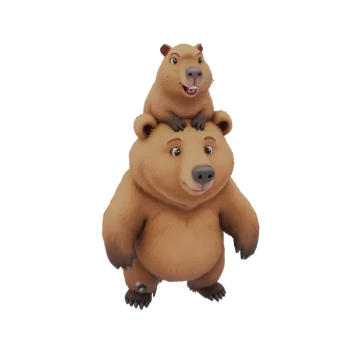 3D модель бурого медведя с улыбающейся капибарой на голове на белом фоне.