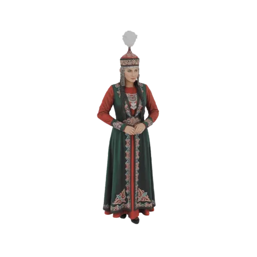 3D модель женщины в традиционном кыргызском наряде, включая красное платье, зеленую вышитую мантию и богато украшенный головн