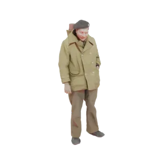 3D модель солдата, стоящего с руками в карманах, в бежевом пальто и берете.
