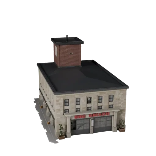 3D модель пожарной станции, готовая к использованию в Blender, вид рендера студии Blender, показывающий материалы общедоступн