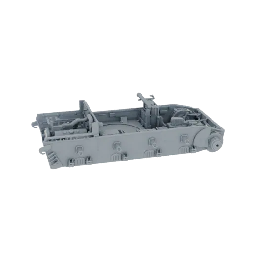Детализированная 3D-модель интерьера танка, показывающая компоненты двигателя, сиденья и системы управления, отрисованная в н