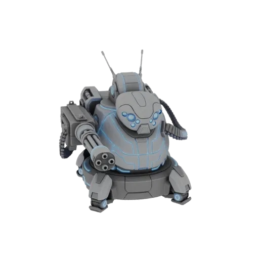 3D модель серого футуристического тяжелого боевого меха с гатлинг-пушкой и светящимися синими энергетическими линиями на черн