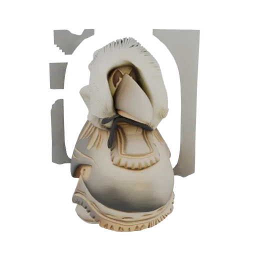 3D модель фигурки Арктического Шамана в одежде с капюшоном, отделанным мехом, и традиционной одежде с замысловатыми узорами.