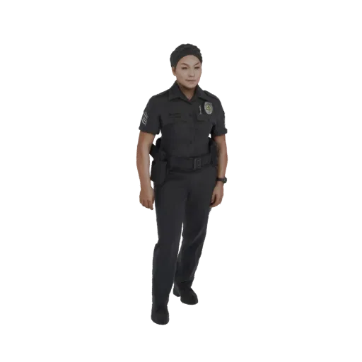 3D модель женщины-полицейского в стоячей позе, в темной форме с ремнем и значком.