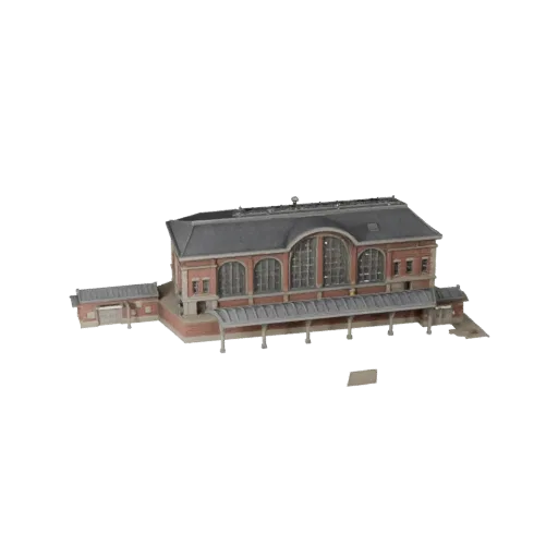 Печатная STL 3D модель здания вокзала, изометрический вид, показывающий материалы общедоступного здания и архитектурные детал