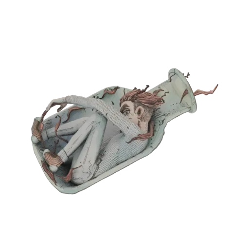 3D модель человека, искаженного и запертого внутри стилизованной бутылки, с переплетенными красновато-коричневыми лозами.