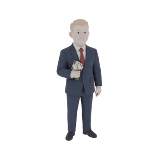 3D модель улыбающегося жениха в темно-синем костюме с букетом белых цветов.