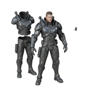3D персонаж бронированный офицер NPC в стиле Sci-Fi, вид в окне движка, готовый к анимации ассет в статичной позе; Бронирован